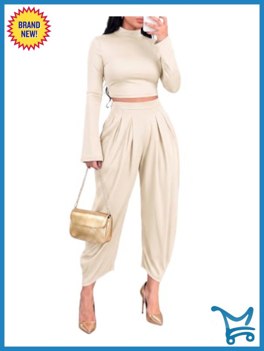 Women 2 Piece Outfits Mock Neck Bell Sleeve Crop Top Palazzo Pants